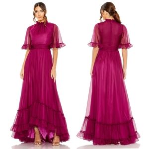 Mac Duggal Ruffled Mock Neck Flutter Sleeve High Low Hem Gown, style number 6882